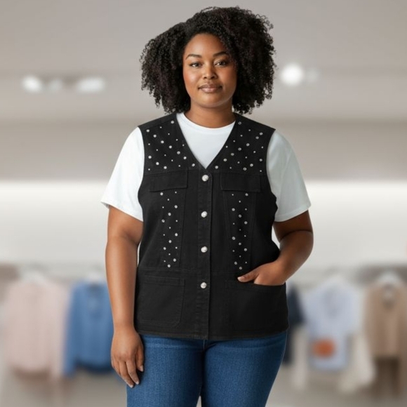 Vintage Black Studded Women's Plus Size Vest Size 1X - Picture 1 of 9